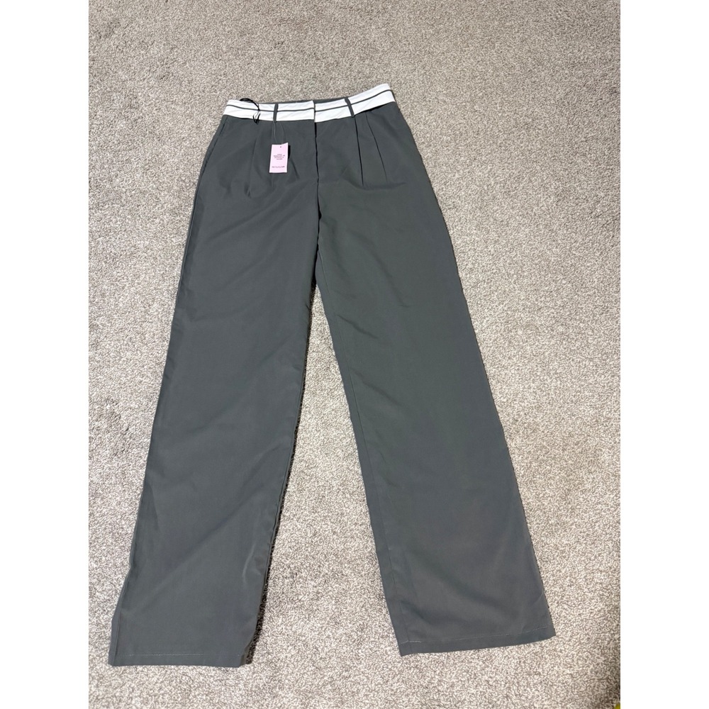 PrettyLittleThing Tall Grey Wide Leg Trousers Contrast Waistband Size 6 NWT